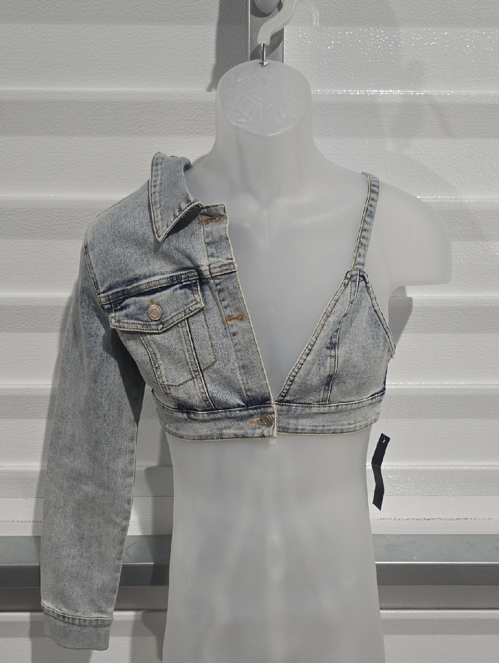 Edge Denim Asymmetric Cropped Jacket Top‎ - Light Wash Blue NWT Size Small